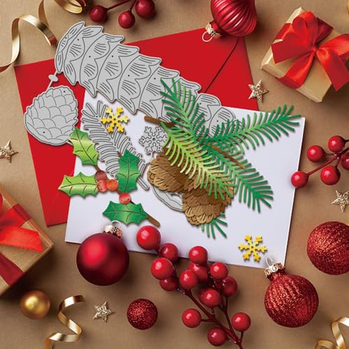 GLOBLELAND Weihnachts Tannenzapfen Stanzformen Metall Frohe Weihnachten Stanzungen Stechpalmenschleifen Stanz Und Prägevorlagen Für Scrapbooking Basteln Papierkartenherstellung