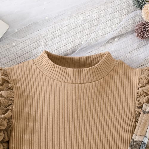 Image of Toddler Girls Christmas Outfits Girls Puff Sleeve Knit Ribbed Tops Button Down Vest Plaid Skirt Set Winter Clothes