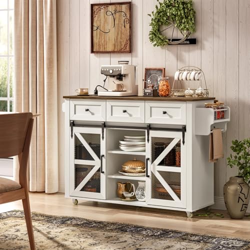 Kitchen-Island-with-Storage-Kitchen-Cart-with-Charging-Station-Rolling-Kitchen-Island-Table-with-Drop-Leaf-3-Drawers-Barn-Doors-Towel-Rack-and-Spice-Rack-White-and-Walnut Kitchen Island with Storage Kitchen Cart with Charging Station Rolling Kitchen Island Table with Drop Leaf 3 Drawers Barn Doors Towel Rack and Spice Rack White and Walnut