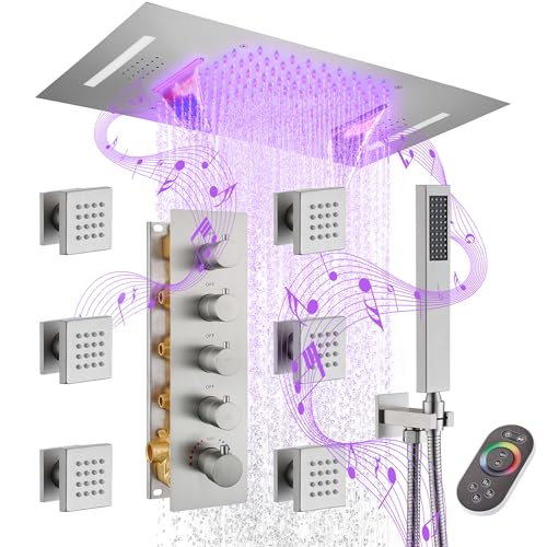 MONDAWE 23-Inch 64-Color LED Music Thermostatic Shower Jet System Set, Ceiling Mount Waterfall Rainfall Luxury Rain Shower Head System with Handheld, Brushed Nickel