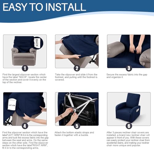 Image of YEMYHOM 3 Pieces Stretch Recliner Slipcover Jacquard Small Recliner Chair Cover with Side Pocket Anti-Slip Fitted Furniture Protector with Elastic Bottom (X-Small Recliner, Dark Coffee)