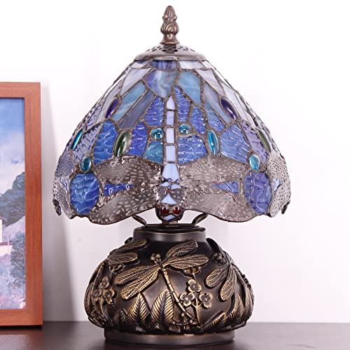 Rhlamps Small Tiffany Lamp W8H11 Inch Navy Dragonfly Style Stained Glass Table Lamp Bronze Mushroom Type Bedside Lamp Mini Accent Lamp Decor Bedroom #TOP6