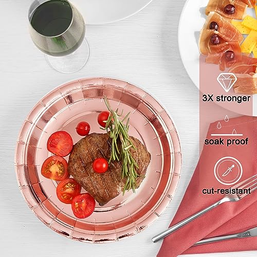 Image of Rose Gold Disposable Paper Plates, 7'' Dessert Cake Plates, 50 Count Bulk