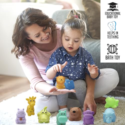 Image of Amazon Brand - Jam & Honey Baby Bath Toy Set of 10 for Toddlers I Colorful Combo of Jungle Animals I Floating Bath Chuchu Toys (Multicolor)