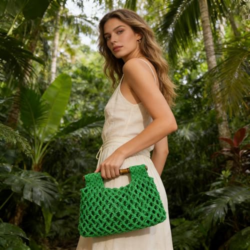 Bolso de mano de mimbre tejido con bambú para mujer miniatura 3