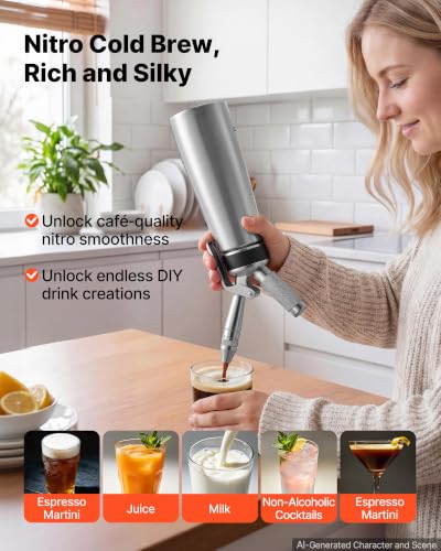 Image of VEVOR Nitro Cold Brew Coffee Maker 17 oz Nitrogen Dispenser System, Home Brew Coffee Keg, Portable Nitrogen Infuser with Dispenser and Pressure Relieving Valve, Gift for Coffee Lovers