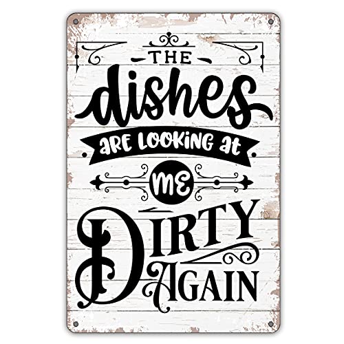 QIONGQI Funny Kitchen Quote The Dishes are Looking at Me Dirty Again Metal Tin Sign Wall Decor Rustic Kitchen Signs with Sayings for Home Kitchen Decor Gifts