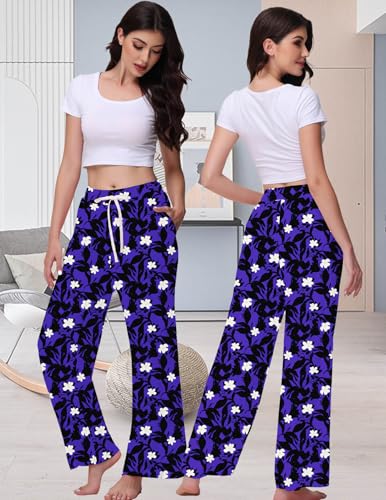 Image of Veseacky Women's Wide Leg Lounge Pants Yoga Pajamas Comfy Stretch Drawstring Pajamas Puls Size Dance Bottoms S-4XL