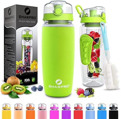 Sharpro 32 oz. Infuser Water Bottles - Featuring a Full Length Infusion Rod, Flip Top Lid, Dual Hand Grips (Energy Green)