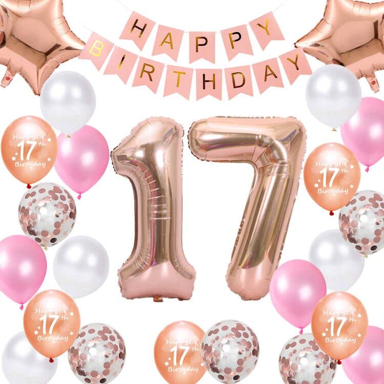 17th Birthday Party Decorations Rose Gold for Girls, Happy Birthday Banner Rose Gold Number 17 Birthday Star Foil Balloons Confetti Balloons for Girls Her Daughter 17 Year Old Birthday Supplies(17th)