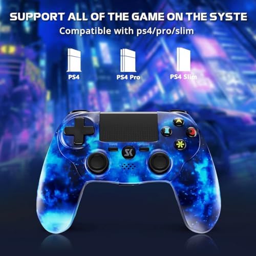 Boowen Wireless Controller for PS4, Blue Galaxy Style Dual Vibration High Performance Gaming Controller for PlayStation 4/Pro/Slim/PC with Audio Function, Mini LED Indicator, USB Cable