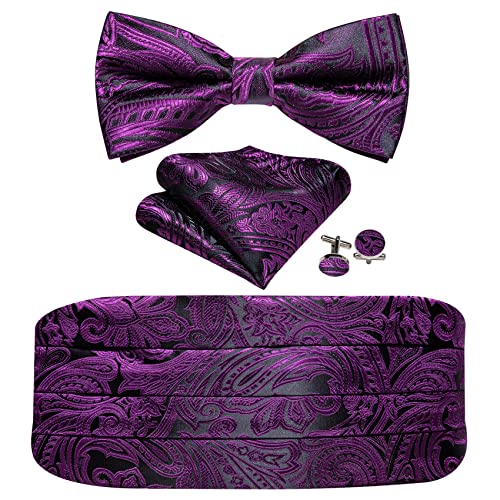 Image of Barry.Wang Men Silk Paisley Cummerbund and Pre-tied Bowtie Handkerchief Cufflink Set for Tuxedo
