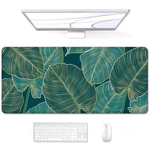 Image of Auhoahsil Desk Pad, XL Extended Large Gaming Mouse Pad 31.5 x 11.8 Inch, Waterproof Mousepad with Stitched Edge, Non-Slip Computer Keyboard Laptop Mat for Women Men Office Work, Teal Tropical Leaves