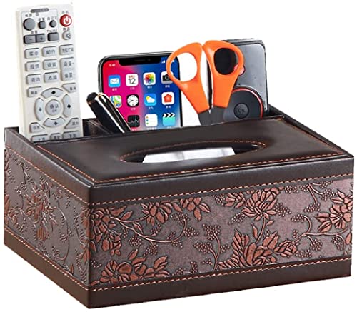 Nature Amariv Brown Creative PU Leather Tissue Box Holder with 3 Compartments Holder for Pen Pecnil Remote Control Phone and More for Home Office Desk