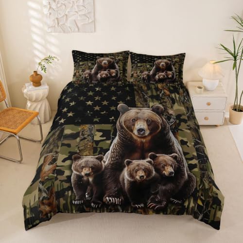 Housse de couette 200x200 camouflage vert drapeau américain ours