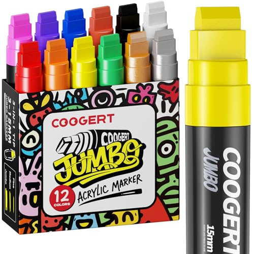 Coogert 12 Colors Jumbo Poster Markers 15MM Thick Permanent Acrylic Graffiti Markers Wide Tip Paint Marker for Canvas Posters Board Fabric Window Wood Teachers Banner painting supplies