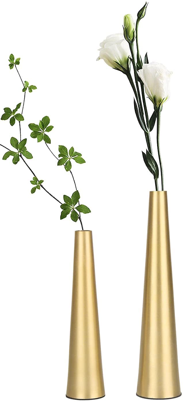 Gold Metal Vase, Flower Vase Set of 2, Taper Vase Simple Living Room Decoration, Suitable for Artificial Flower, Home Office Wedding Holiday Party Gifts, Light Luxury Floral Ornaments(10.5/5 inches)