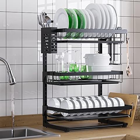 YOLEO Dish Drying Rack with Drip Tray, Adjustable Layers, 3 Tier Dish Drainer Rack with Utensil Holder, Cutting Board Holder for Kitchen Countertop Organizer 36x22x54cm Cover