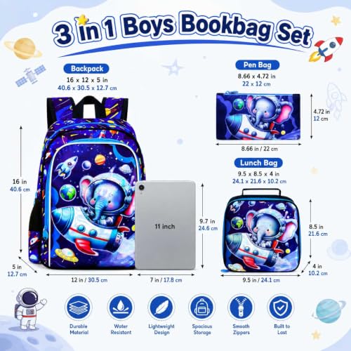 Image of UFNDC 3PCS Boys Elephant Backpack, Kids Space Bookbag with Lunch Box, Water Resistant Rocket School Bag for Elementary Preschool Toddler