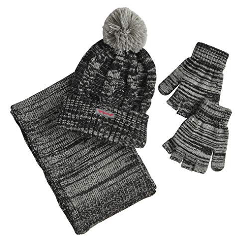 Sportoli Women’s Girls’ kids 3-Piece Cable Knit Cold Weather Set Hat Scarf Glove - Black (Size Kids / 4-7 Yrs)