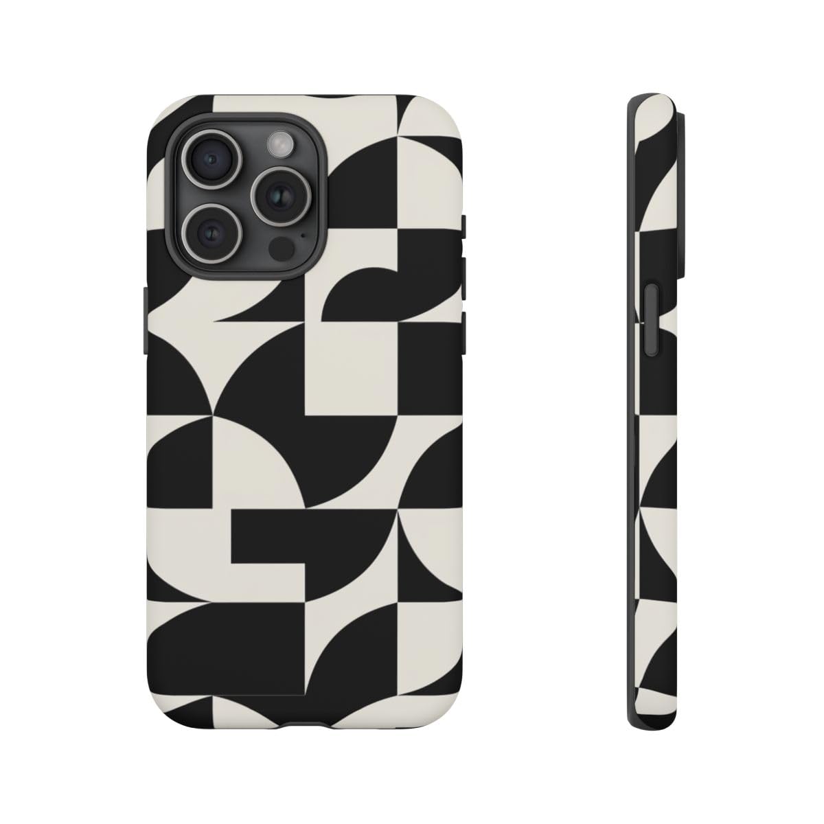 Coque rigide mate iPhone 15 Pro Max noir et blanc motif géométrique - 4