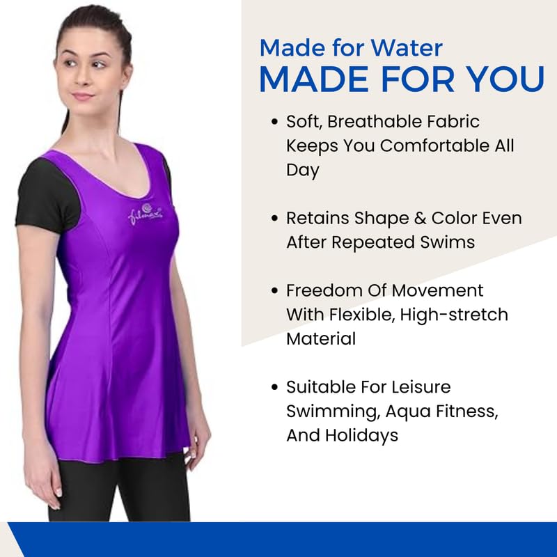 Image of Originals Swimming Costume for Women's One-Piece Beach Wear with Sleeve & Skirted 3 /4 Leggings Maximum Covered Swim Wear Dress (L - 7XL)