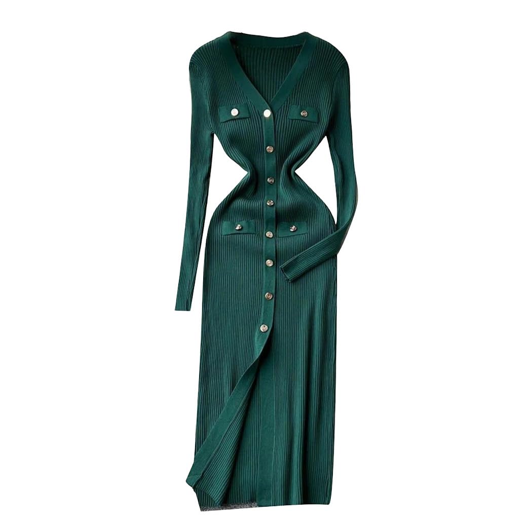 Korean Style Knitted Midi Dress for Women V-Neck Wrap Waist Slim Fit Elegant Office Dress
