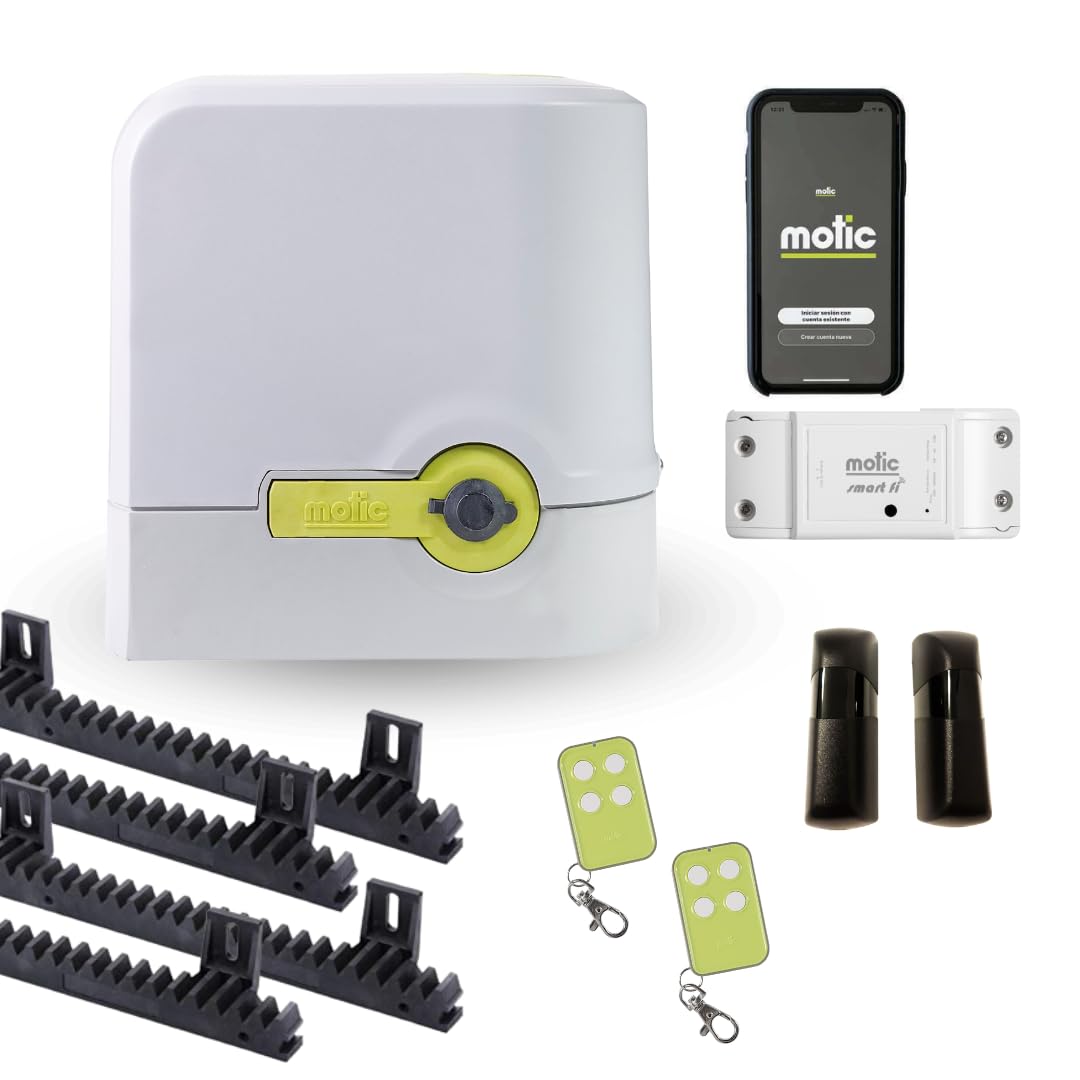 Motor con WIFI - Kit motor puerta de garaje corredera 800 kg - Motor rápido - Incluye motor, fotocelula, cuadro de control, 2 mandos a distancia y 4 metros de cremallera MOTIC