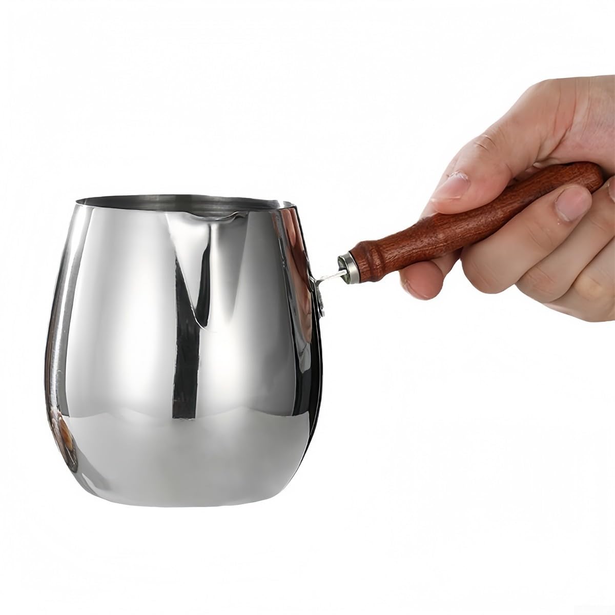 Turkish cezve coffee pot stainless steel with wooden handle, precision pour spout and dripproof tilt lock, scale and hanging hook for melting chocolate, sauces and frothing milk (600ML)