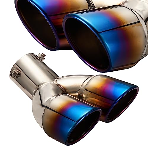 Blueshyhall Terminale di scarico doppio tubo 60 mm, silenziatore auto curvo, blu al forno, ovale, in acciaio inox curvo