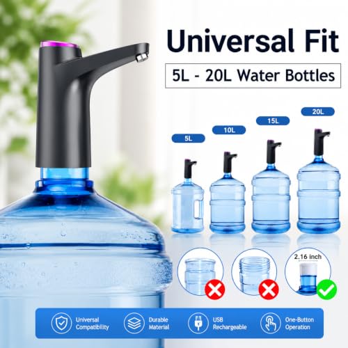 Image of Electric Water Dispenser Pump, USB Rechargeable, Portable, for 5L to 20L Bottles, Stainless Steel Spout, Food Grade Silicone Hose