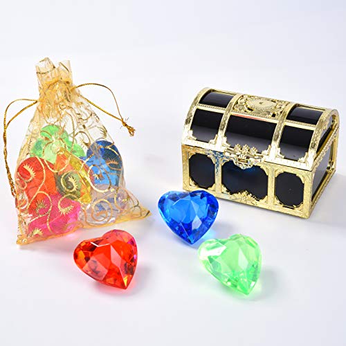 Jinhua Yiyan Diving Gem Pool Toy 6 Colorful Big Heart Shaped Gem Set with Treasure Pirate Box and Golden Mesh Bag Summer Swimming Gem Diving Toys Set Dive Throw Toy