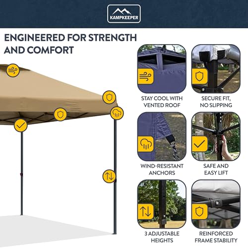 KAMPKEEPER 10x10 Pop-Up Canopy Tent, Waterproof, Portable Shade with Side Walls, Adjustable Instant Outdoor Shelter for Camping, Backyard, and Events, Khaki