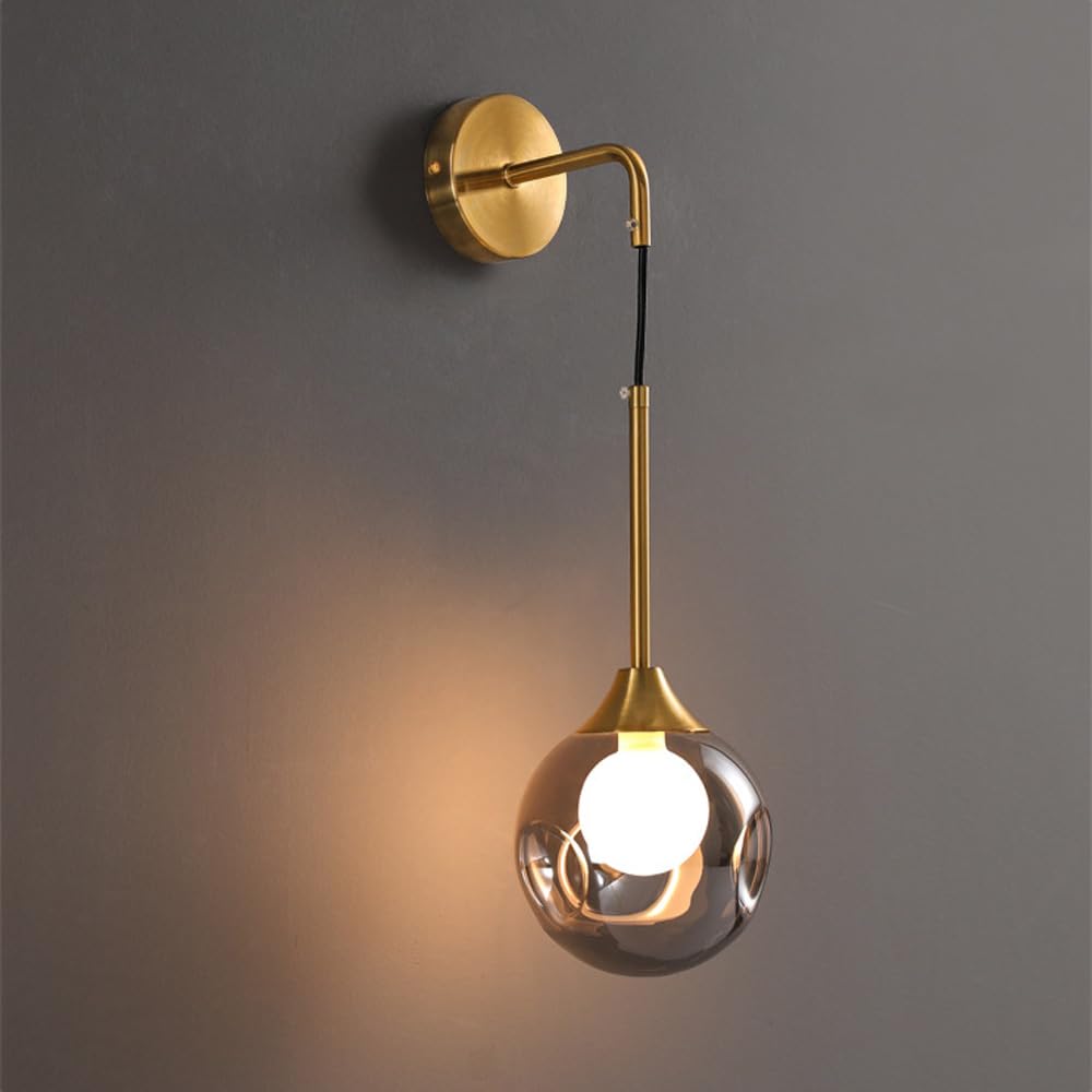 HUAYUSEDF Vintage Gold Wall Sconce with Glass Globe Shade Mid Century Light Fixture Amber Smoked Grey Industrial Hanging Antique Farmhouse Mounted Lamp for Bedroom Living Room(Grey)