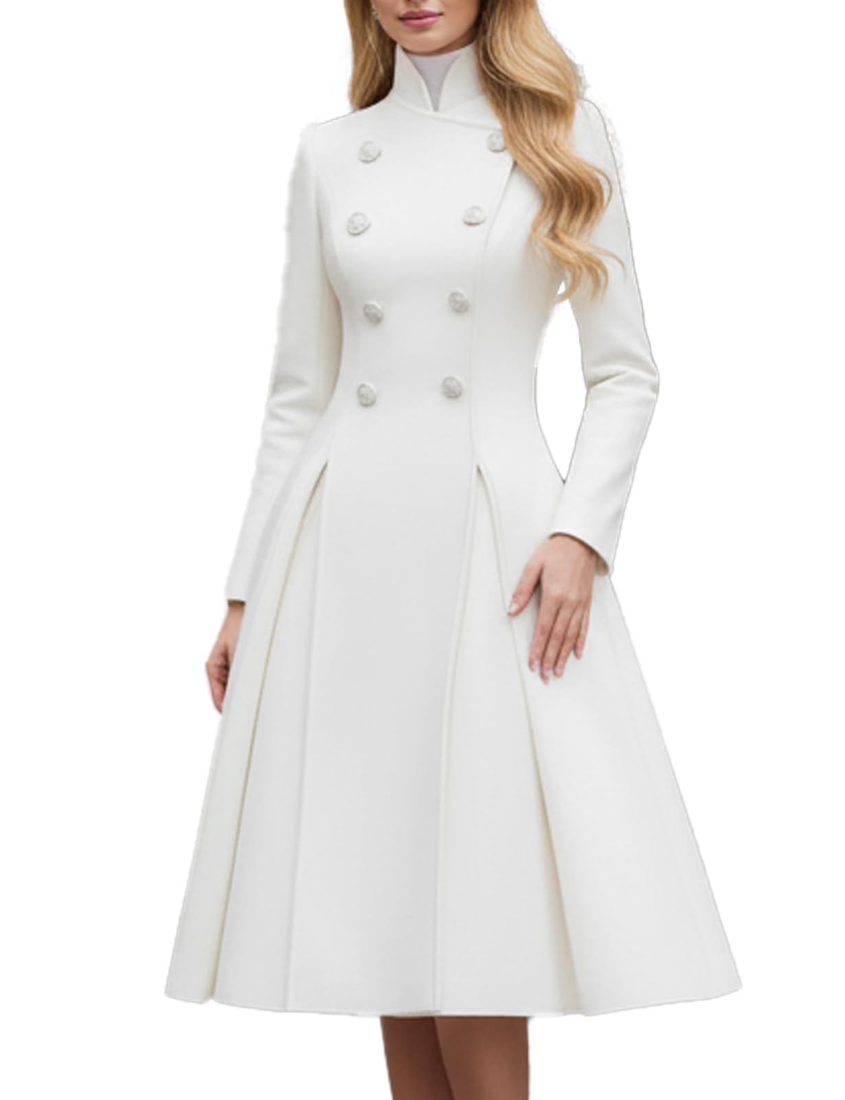 Womens White Wool-Blend Double-Breasted Coat Dress Elegant Long Sleeve A-Line Flared Midi Dress Business Formal
