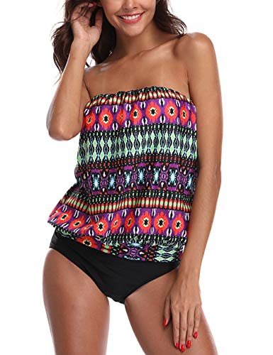 Chenghe Women Blouson Tankini Top High Waist Moderate Bottom Two Piece Swimsuit (Purple, Us 12-14 / L) #TOP4
