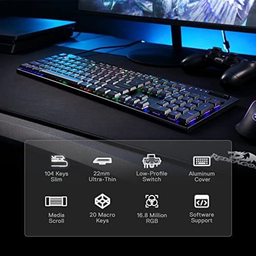 Image of Redragon K619 Horus RGB Mechanical Keyboard, Ultra-Thin Designed Wired Gaming Keyboard w /Low Profile Keycaps, Dedicated Media Control & Linear Red Switch, Pro Software Supported