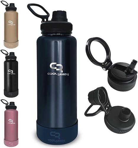 Miniatura 13 de Botella de Agua Aislada de 40 oz Negro Metálico con Tapas de Pajita y Boquilla – Botella Térmica de Acero Inoxidable, Diseño de Boca Ancha a Prueba