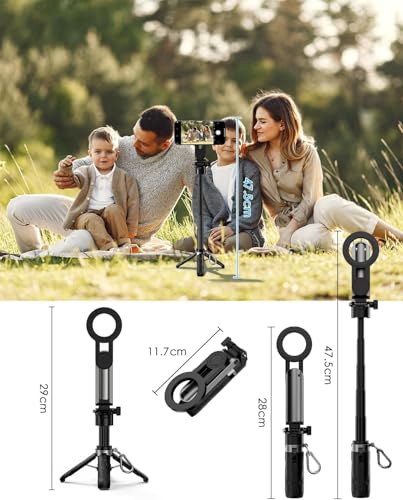 CloudValley Magnetisches 4-in-1 Multifunktionales Selfie-Stick-Stativ, Mini Tragbarer Taschen-Handy-Ständer mit abnehmbarer Fernbedienung, kompatibel mit MagSafe, für iPhone/Android, Reise-Vlog