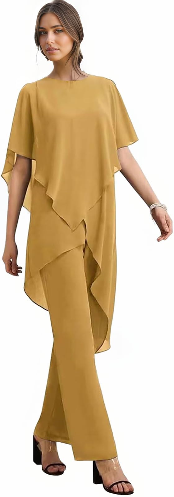 2 Pieces Chiffon Mother of The Bride Pant Suits for Wedding 3 4 Sleeves Grandmother of Groom Pantsuit