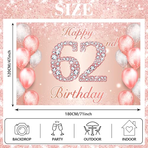Image of Happy 62nd Birthday Rose Gold Banner Cheers to 62 Years Old Backdrop Confetti Balloons Theme Decor for Women 62 Years Old Pink Birthday Party Decorations Bday Supplies Background Favors Gift Glitter