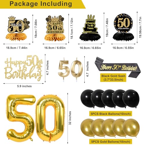 Image of 50th Birthday Decorations for Men, Black Gold 50th Party Decoration Kits | 27pcs Happy 50th Birthday Set, Banner, Honeycomb, Balloons, Gold Number, Candle, Hanging Swirls, Cake Topper, Party Supplies