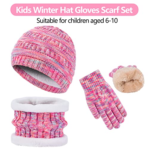 Image of 3 Pack Winter Beanie Hat Scarves Gloves for Boys Girls 2-6-10-14 Years Boys Girls Thermal Warm Thick Knit Fleece Lined Set