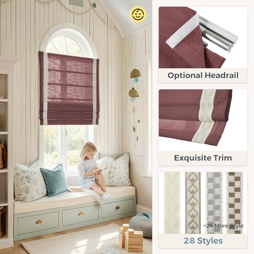Image of TWOPAGES Liz No Drill Cordless Roman Shades Linen Textured Roman Blinds for Windows, Custom Made Room Darkening Blackout Roman Window Shades, Hardware Included, Cinnabar, 1 Piece