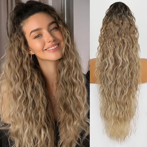 Isaic 30 Inch Claw Clip Ponytail Extension for Women Long Wavy Pony Tails Hair Extensions Fluffy Natural Looking Synthetic Hairpiece for Daily Use(Ombre Brown Mix Blonde)