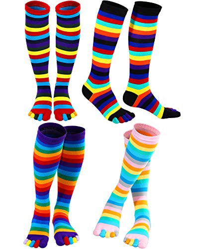 Zhanmai 4 Pairs Rainbow Toe Socks Colorful over Knee 5 Toe Socks Thigh High Rainbow Striped Leg Warmers Funny Pride Long Stocking for Women Girls Christmas Gift