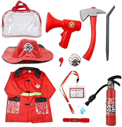 Mizzuco Kids Fireman Gear Firefighter Costume Role Play Dress-up Toy Set with Real Water Shooting Extinguisher (10pcs) (Fireman Costume)