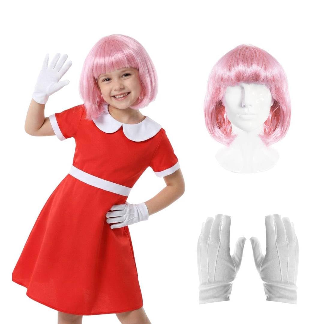 Girls Pink Hedgehog Costume – 3 Piece Fancy Dress Set with Red Dress, Character Wig & White Gloves – Fun Hedgehog Cartoon Style Outfit for Kids Halloween Parties Cosplay Events - XL