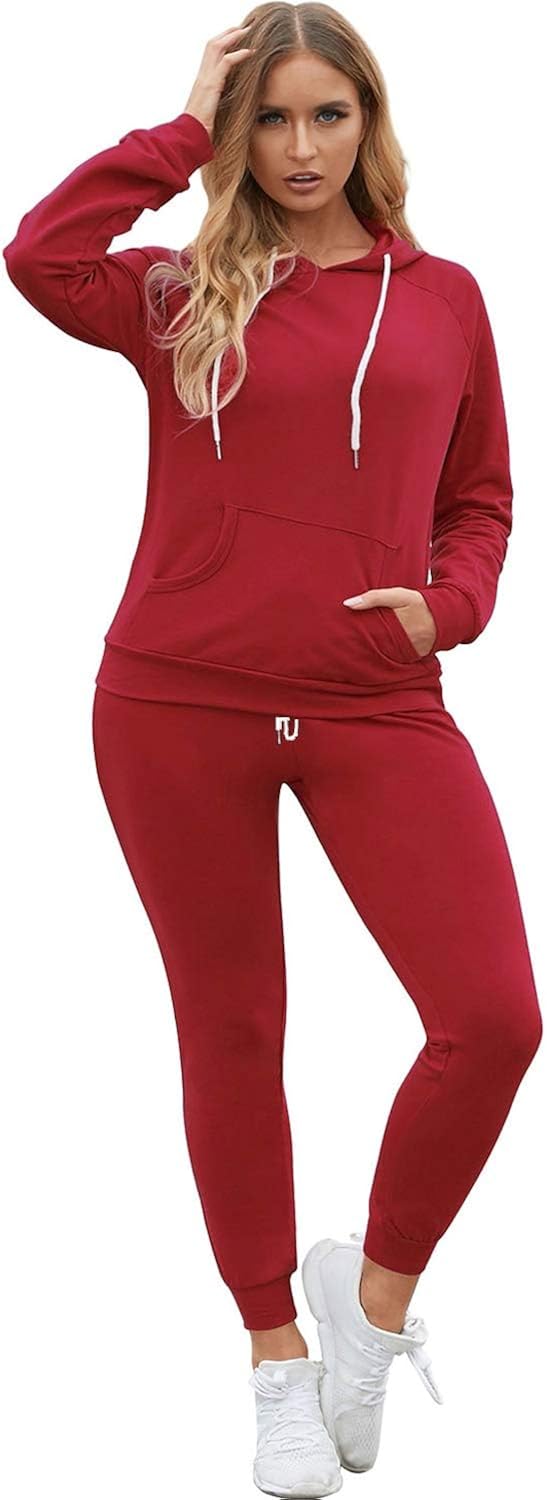 Fixmatti Women Pullover Hoodie Pockets Sweatpants Sport Jogger Sweatsuit 01-ruby Large