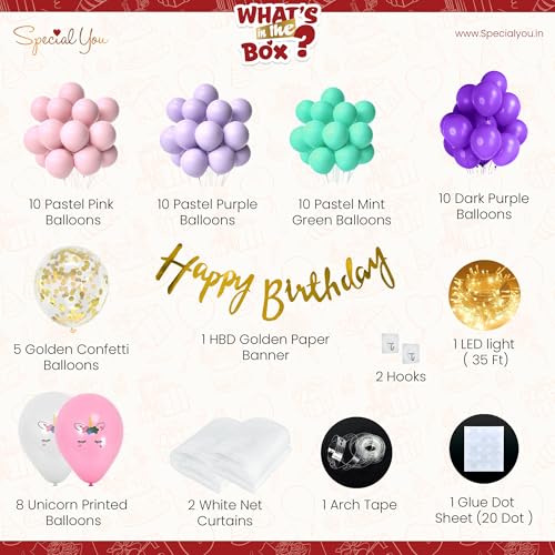 Image of SpecialYou.in Rubber Unicorn Birthday Decorations For Girls With Unicorn Balloon Set, Pastel Purple, Pink, Mint Green Balloons For Decoration, Birthday Decor, Backdrop Curtains For Decoration- 61 Pcs